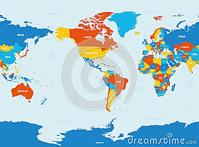 World map - America centered. 4 bright color scheme. High detailed political map of World with country, ocean and sea Vector Illustration