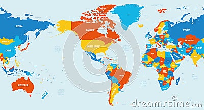 World map - America centered. 4 bright color scheme. High detailed political map of World with country, ocean and sea Vector Illustration