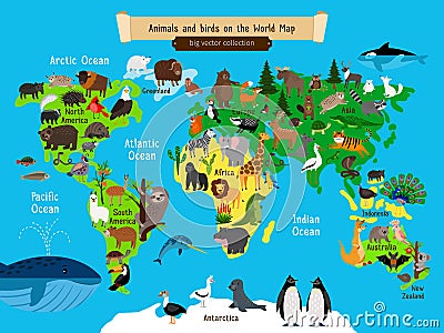World Map Animals. Europe and Asia, South and North America, Australia and Africa Animals map vector illustration Vector Illustration