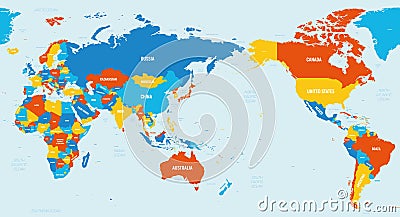 World map - Asia, Australia and Pacific Ocean centered. 4 bright color scheme. High detailed political map of World with Vector Illustration
