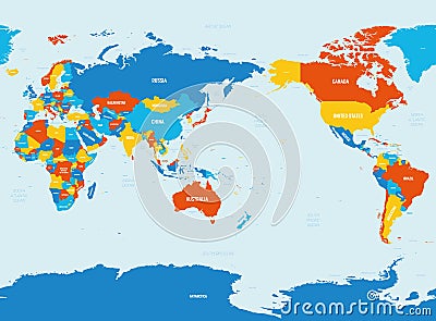 World map - Asia, Australia and Pacific Ocean centered. 4 bright color scheme. High detailed political map of World with Vector Illustration