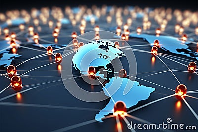 The world map backdrop illustrates the modern global network connection Stock Photo