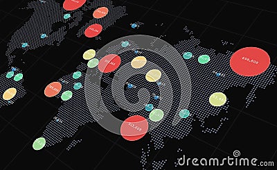 World map big data visualization. Abstract data on map. Global activity monitoring. Heatmap of clusters. Human activity data map Stock Photo