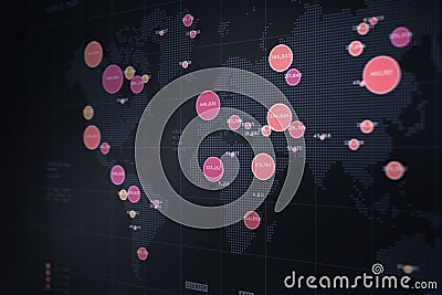 World map big data visualization. Global data clusters. Countries visual statistics. Human activity map. Screen in perspective Stock Photo
