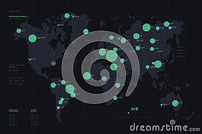 World map big data visualization. Hotspots on map. Global activity monitoring. Complex visual geo information. Human activity data Vector Illustration