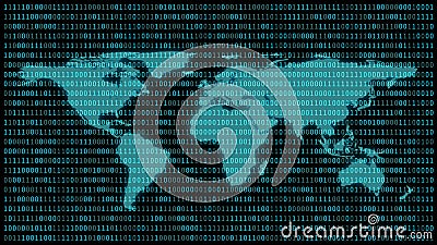 World map with 01 or binary numbers on the computer screen on monitor matrix background, Digital data code in hacker or security Cartoon Illustration