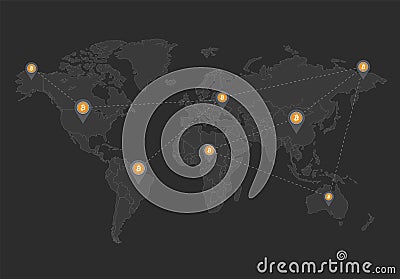 World map, bitcoin network and location pointer, design dark blackboard background Vector Illustration