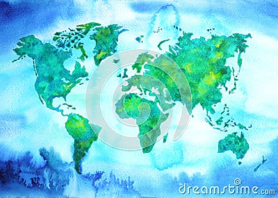 World map blue green tone watercolor painting on paper hand drawing Stock Photo