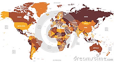 World map - brown orange hue colored on dark background. High detailed political map of World with country, ocean and Vector Illustration