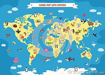 World Map With Cartoon Animals Vector Illustration