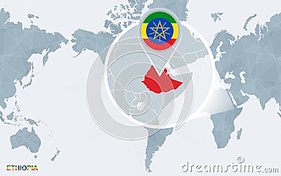 World map centered on America with magnified Ethiopia Vector Illustration