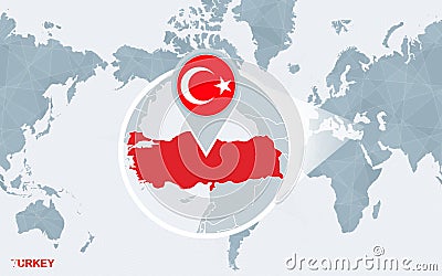 World map centered on America with magnified Turkey Vector Illustration