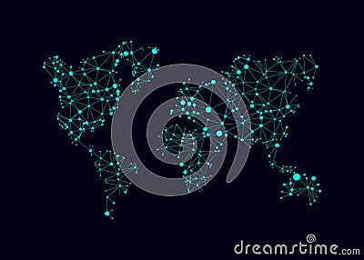World map with circles and lines. Abstract polygonal world map with points. Global network mesh. Vector illustration. Vector Illustration