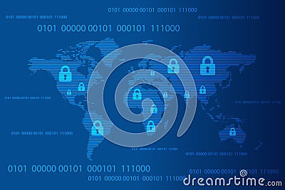 World map with closed pad lock and binary code background, Cyber Security Concept. Vector Illustration Vector Illustration