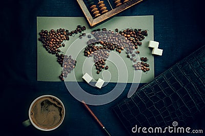 World map of coffee beans, cup . trade and globalization. top view Stock Photo