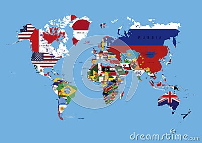 World Map Colored In Countries Flags & Names Stock Photo