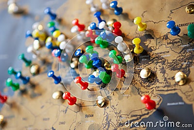 World map with colored pins with travel places. tourist concept Stock Photo