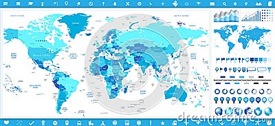 World Map in colors of blue and infographic elements Vector Illustration