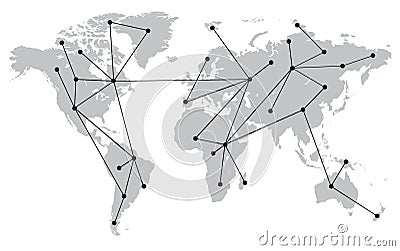 World Map With Connections, Points and Lines. Gray and Black Vector Illustration