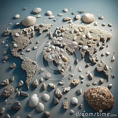 World map consisting of shells, sand and sea stones. Stock Photo