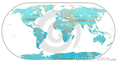World map with continents filled by printed circuit board. The concept of digital world, connected world and overwhelming use of Stock Photo