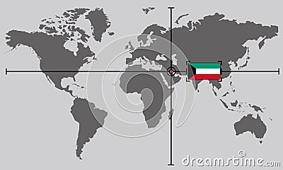 World map with coordinate point positioned by crossed lines on country kuwait Stock Photo