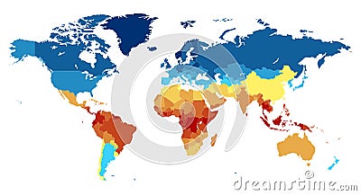 World map with countries colored from equator Vector Illustration