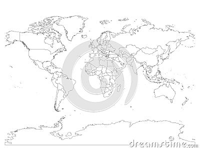 World map with country borders, thin black outline on white background. Simple high detail line vector wireframe Vector Illustration