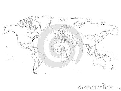 World map with country borders, thin black outline on white background. Simple high detail line vector wireframe Vector Illustration