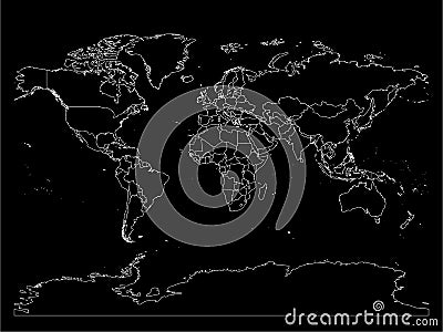 World map with country borders, thin white outline on black background. Simple high detail line vector wireframe Vector Illustration