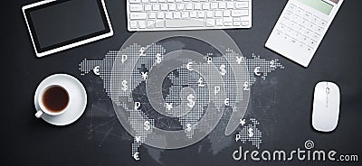 World map with a currency symbols, network and business objects. World global currency exchange Stock Photo