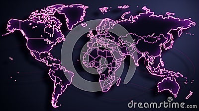 World map 2D with neon line. Generative AI Stock Photo