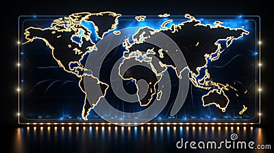 World map 2D with neon line. Generative AI Stock Photo