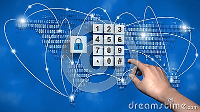 World map and data cloud with closed padlock - pin input at the numeric keypad - business, data and internet security concept Stock Photo