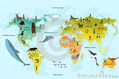 World map with different animal. Funny cartoon banner for children with the continents, oceans and lot of funny animals Vector Illustration