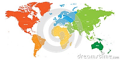 World map divided into six continents. Each continent in different color. Simple flat vector illustration Vector Illustration