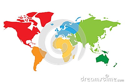 World map divided into six continents. Each continent in different color. Simple flat vector illustration Vector Illustration