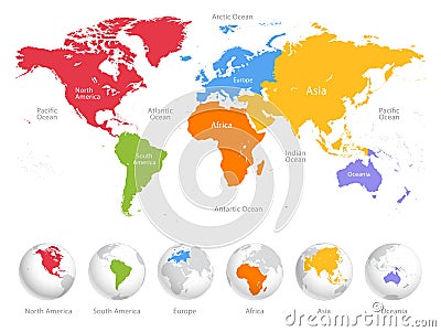 World map divided into six continents. Vector Illustration