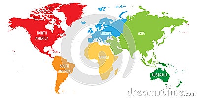 World map divided into six continents. Each continent in different color. Simple flat vector illustration Vector Illustration