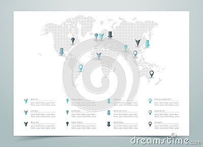 World Map Dotted Vector With Markers Vector Illustration