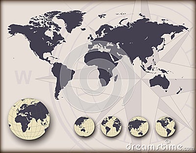 World map with earth globes Vector Illustration