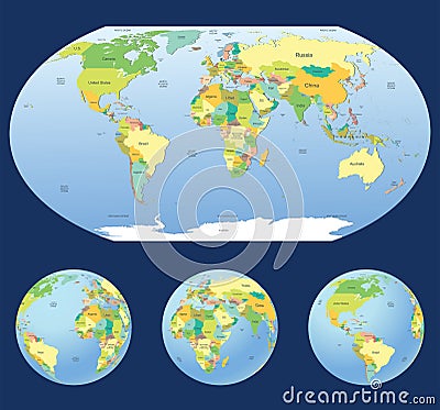 World map with earth globes Vector Illustration