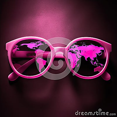 World map, embellish reality, sugarcoat concept. View on real life through pink glasses, pacifist worldview Stock Photo