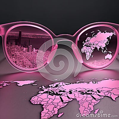 World map, embellish reality, sugarcoat concept. View on real life through pink glasses, Travel planning concept Stock Photo