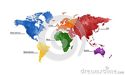 World map,five continents Cartoon Illustration