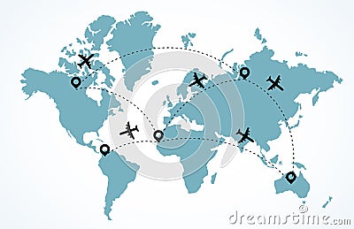 World map with flying airplanes. Travel concept, location marks in continents. Dashed trace road line. Tourism or air Vector Illustration