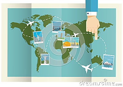 World Map with Flying Planes and Famous Tourism Locations. Vector Illustration Vector Illustration