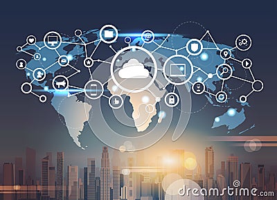 World map futuristic interface database cloud security network icon data privacy connection concept skyline sunset Vector Illustration