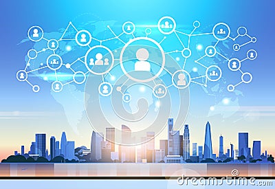 World map futuristic user profile icon interface social media network connection concept cityscape background flat Vector Illustration