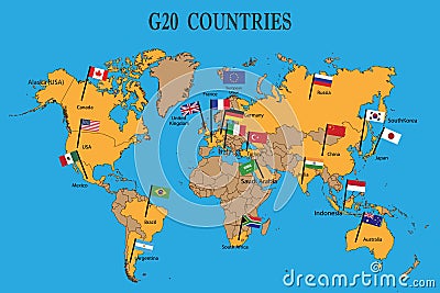 World map of the G20 countries with flags Vector Illustration